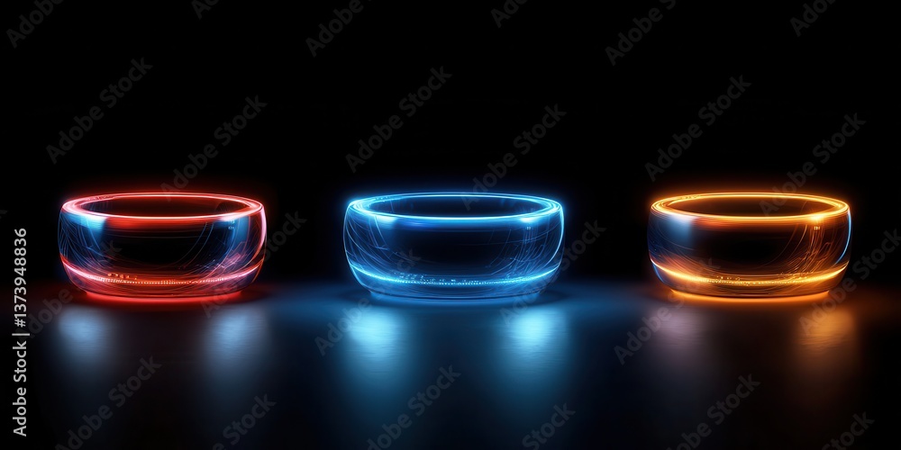 Poster luminous bowls glow with vibrant colors in a dark space, creating a futuristic and artistic display.