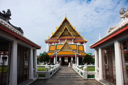 Ancient ordination hall and antique ubosot for thai people traveler travel visit respect praying blessing wish holy buddha in Wat Kalayanamit Woramahawihan Temple on March 9, 2025 in Bangkok, Thailand