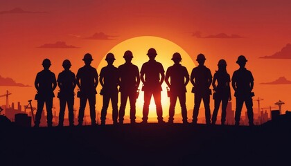 International Workers Day, Silhouettes of strong workers against a rising sun symbolize unity, labor, and progress, a powerful tribute to workers
