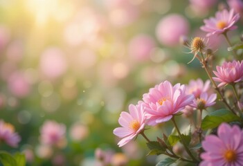 Obraz premium Close-up of pink daisy flowers in soft sunlight with a dreamy blurred background, ideal for nature backgrounds and inspirational designs
