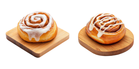 Two cinnamon rolls with cream cheese icing on wooden boards fresh baked pastry dessert sweet treat bakery item transparent background