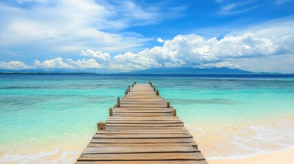 A dreamy summer beach with a wooden pier stretching out into the turquoise water
