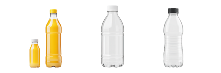 Assorted plastic bottles for beverages juice and water different sizes and caps clear and orange liquid transparent background