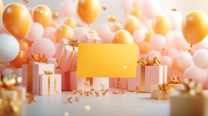 Yellow credit card surrounding by a lot of giftboxs and balloons. 3d rendering