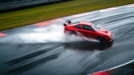 A drifting car mid-action on a wet track, water spraying from its tires as it slides through a sharp corner