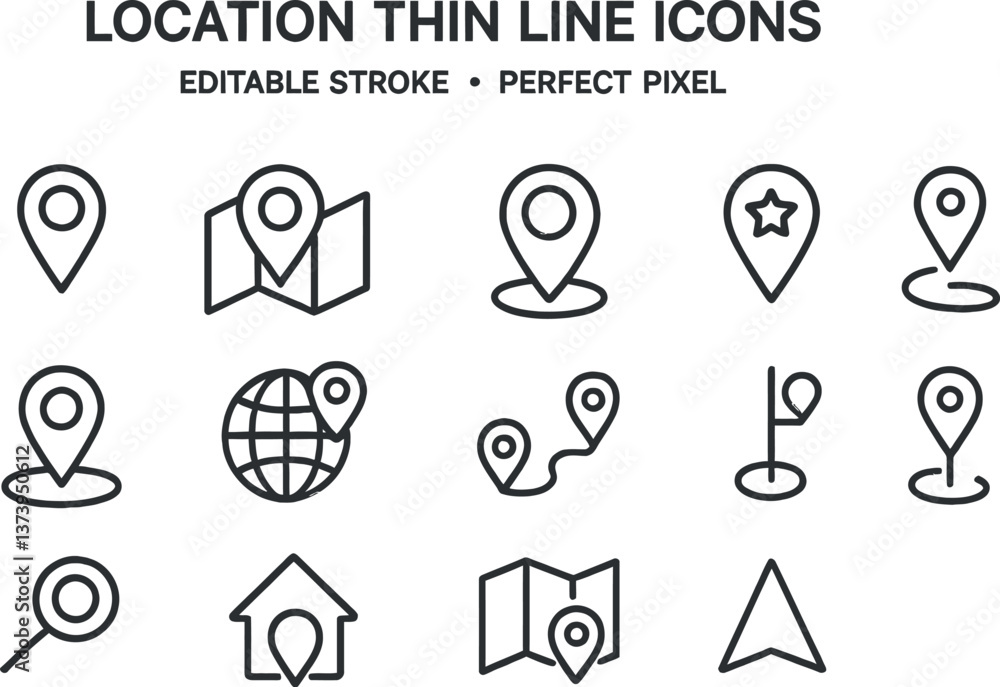 Poster line icons illustrating various location markers and navigation symbols for mapping and geolocation 