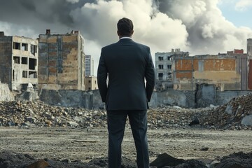 Businessman in suit observing urban destruction amidst rubble and smoke, contemplating challenges and opportunities in post-apocalyptic city landscape
