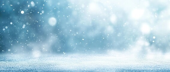 A serene winter landscape showcasing a snow-covered ground under a soft. ethereal light with gentle snowfall. creating a tranquil atmosphere perfect for seasonal themes