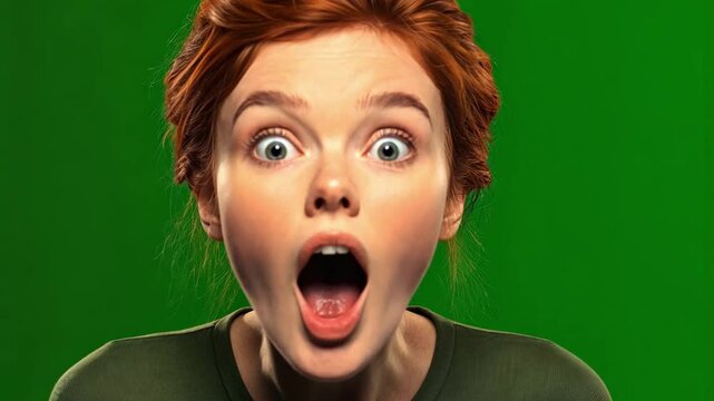 Astonishment: Capturing a young woman's expression of profound surprise, the image radiates awe and wonder, framed by a vivid backdrop.