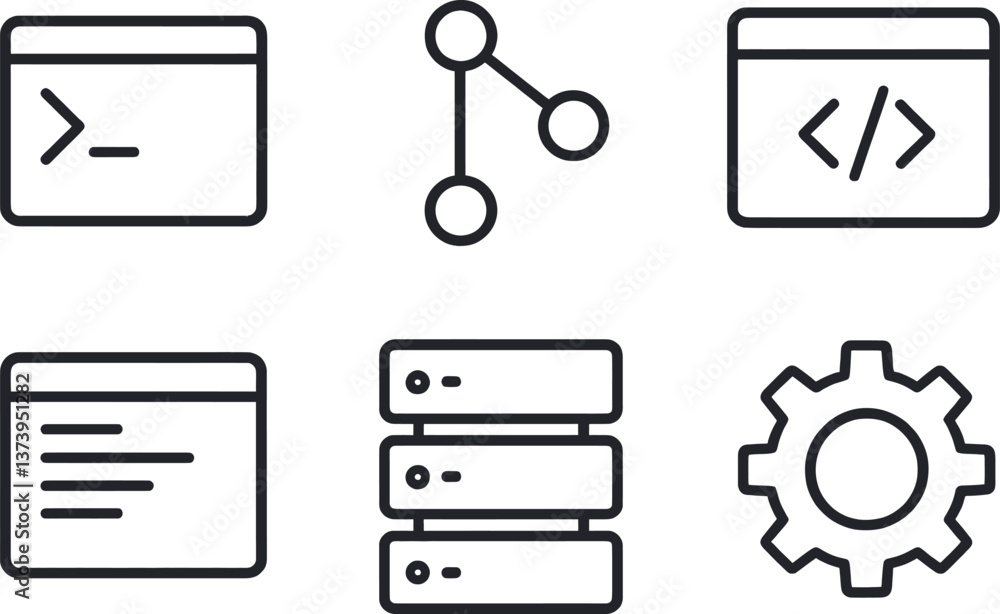Poster icons representing coding, networking, and server management displayed in a minimalist style suitabl