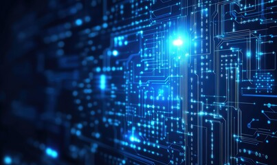 Fototapeta premium A futuristic digital landscape featuring glowing blue lines and data streams converging towards a bright center. set against a dark background. ideal for technology themes