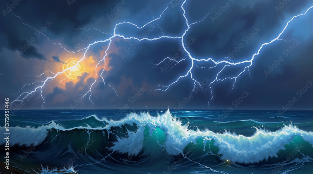 Aufkleber a dramatic seascape featuring ocean waves crashing under a dark, stormy sky illuminated by bright li