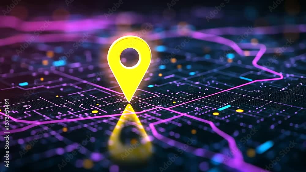 Poster a neon-style digital map interface, with a luminous yellow pin marking a key destination, navigation