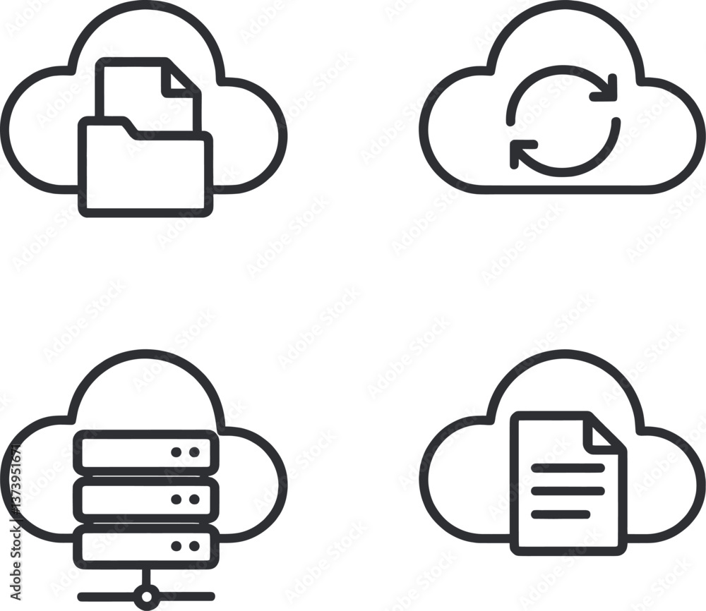 Poster cloud storage symbols representing file management and data synchronization in digital technology
