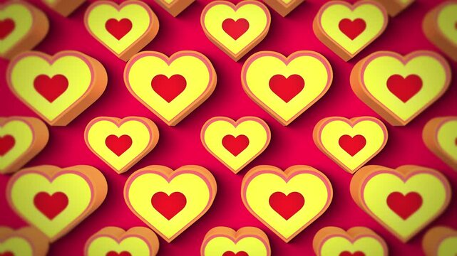 A fun fruity themed looping background with a pattern of colorful Peach 3D heart shaped candy sweets.
