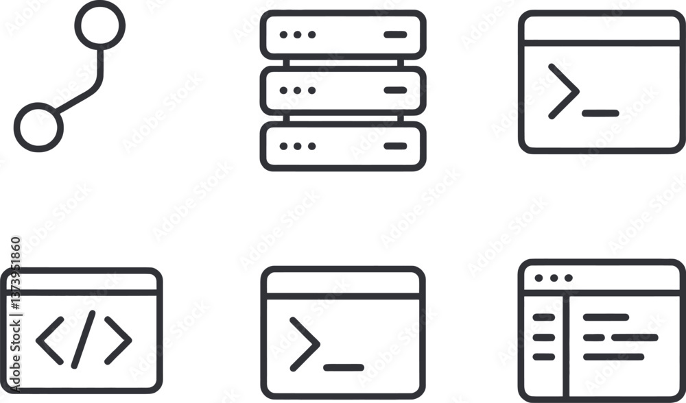 Poster simplified icons representing various aspects of technology and programming in a minimalist layout