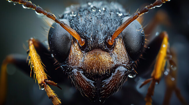 detailed macro portrait of an ant in frontal view