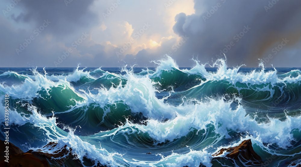 Poster A dynamic seascape featuring powerful ocean waves crashing under a dramatic cloudy sky. The water is turquoise and white with rocks visible.