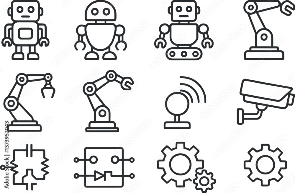 Poster collection of various robots and automation icons showcasing advanced technology in a modern workspa