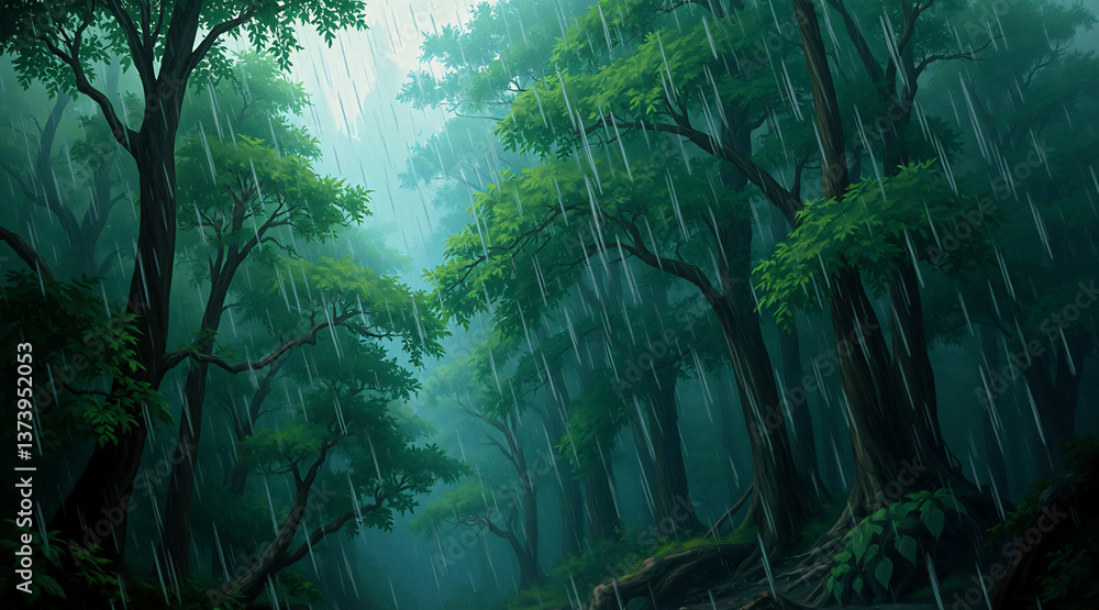 Poster a lush green forest is experiencing a downpour. tall trees and dense foliage create an atmospheric, 