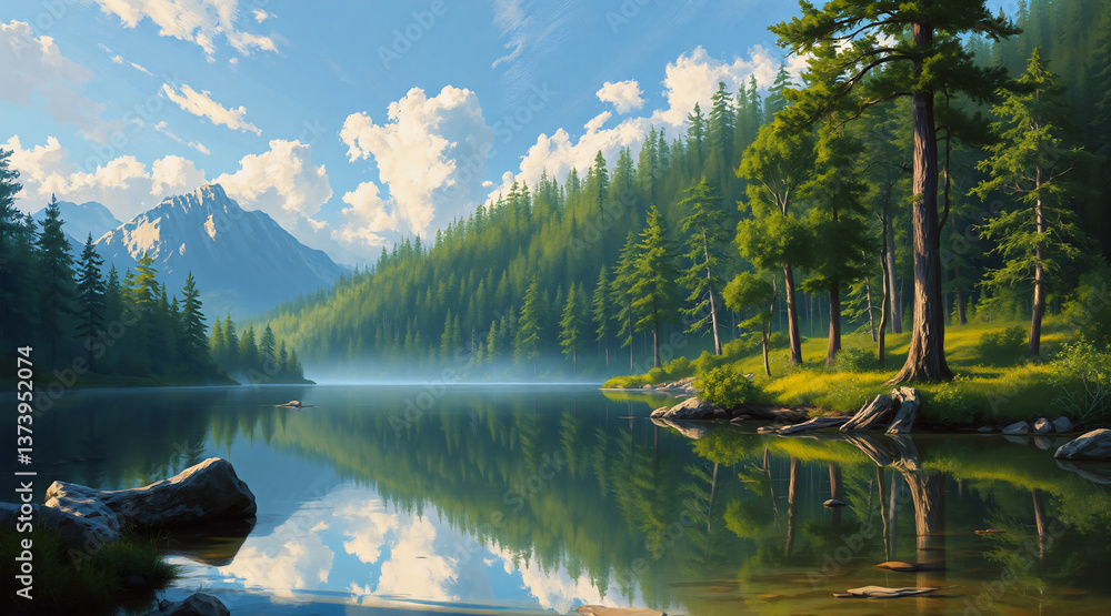 Poster A peaceful scenery of a still lake mirroring a dense forest and distant mountains beneath a clear sky dotted with soft clouds.
