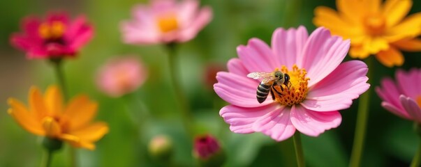 Obraz premium Close-up of colorful garden flowers with bees collecting nectar, macro photography, macro, close-up