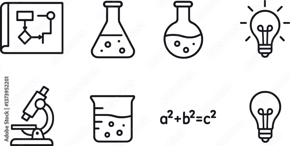 Poster science concepts and tools illustrated through simple line drawings showcasing experiments and theor