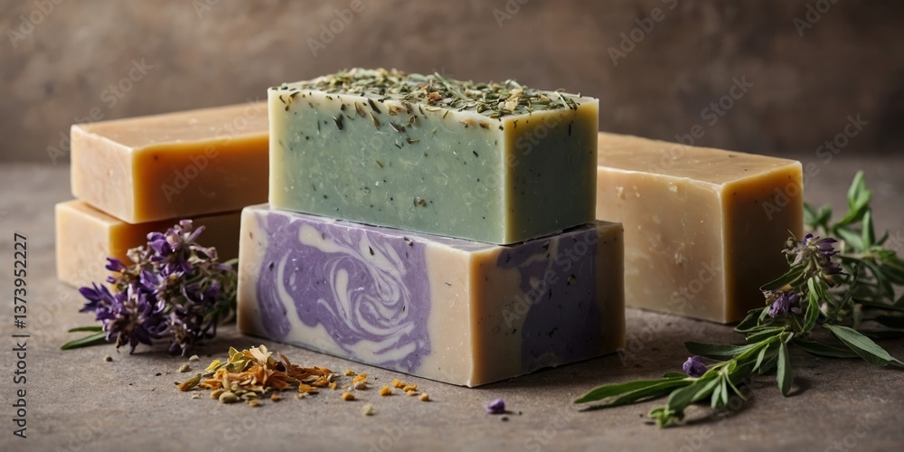 Aufkleber colorful handmade soaps with natural ingredients displayed on a rustic surface in a calming and invi