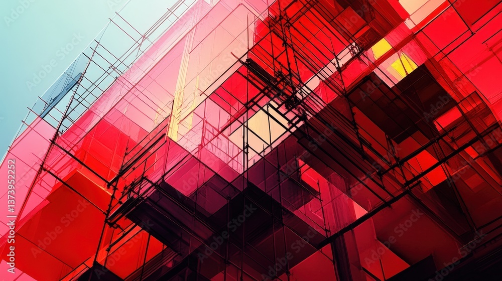 Poster a dynamic construction site with bold geometric forms and overlapping scaffolding in an abstract com