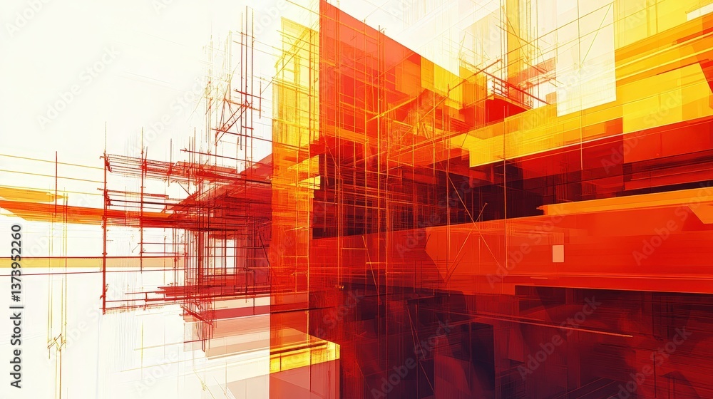 Poster a dynamic construction site with bold geometric forms and overlapping scaffolding in an abstract com