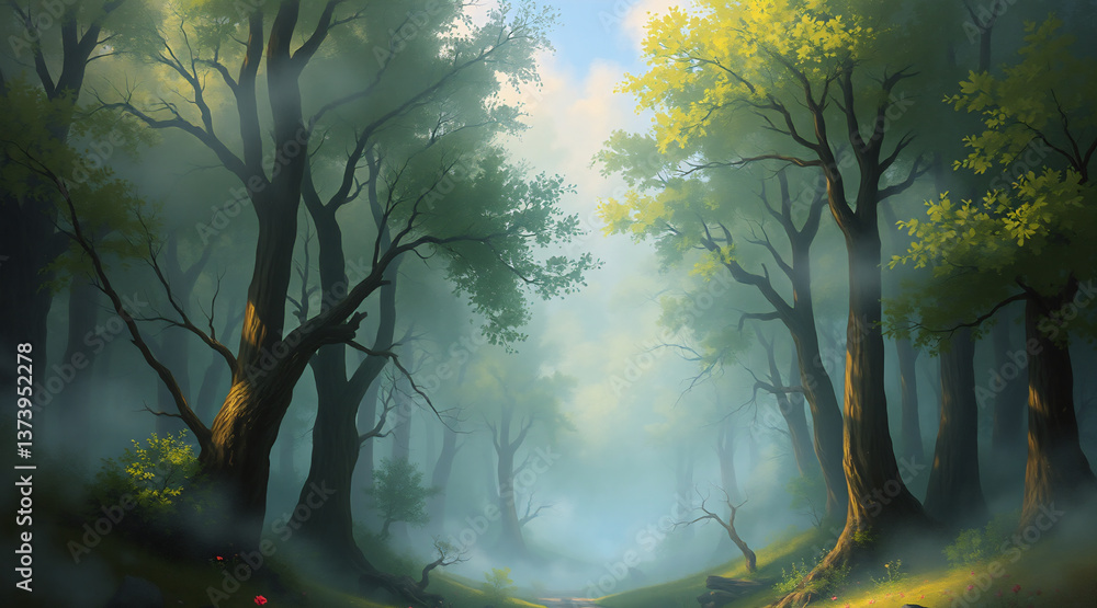 Poster Sunlight streams through tall trees, illuminating a serene forest with a gentle, foggy atmosphere, creating a peaceful and enchanting woodland scene.