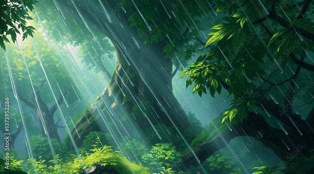 Poster lush green forest scene with heavy rain pouring through the trees. sunlight filters through the cano