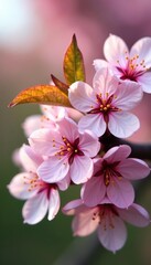 Fototapeta premium Close-up of delicate pink cherry blossoms in full bloom on a branch with vibrant colors and fresh greenery, tree branch, botanical