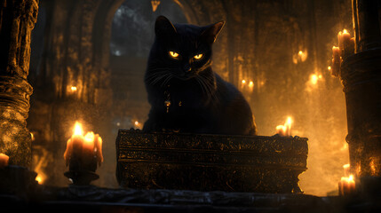 An overgrown graveyard, where cracked tombstones lean and thick mist hangs between rows. A black cat watches with glowing eyes.