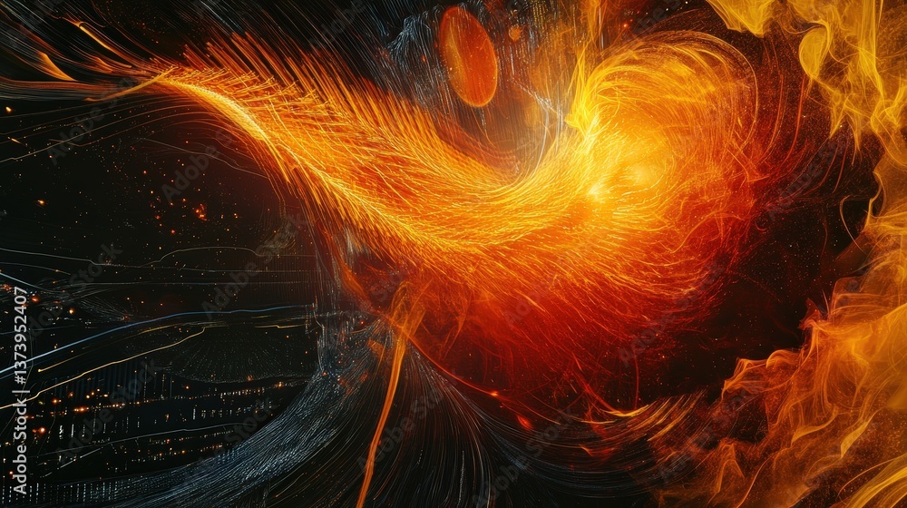 Poster a dynamic digital abstract artwork with high-speed data streams, futuristic interfaces, and glowing 