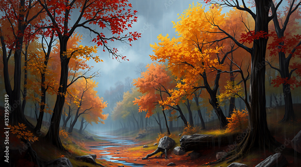 Poster a vibrant autumn forest scene. colorful fall foliage on trees lining a stream under a cloudy sky. pe