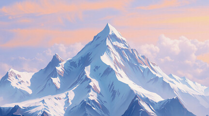 A majestic snow-capped mountain peak dominates the view, set against a soft sky painted with gentle pink and purple tones. A serene and peaceful alpine landscape.