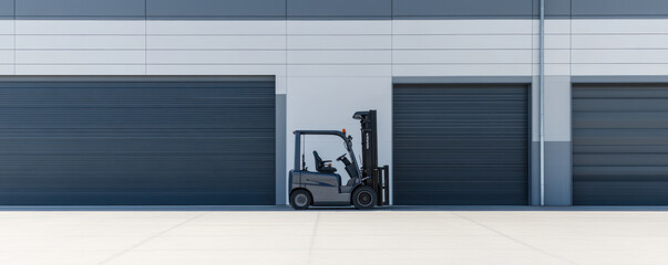 Naklejka premium low profile forklift is parked beside closed garage doors, showcasing its compact design ideal for tight spaces. scene conveys sense of efficiency and readiness for work