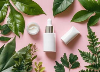 white skincare bottles and cream jar on pink background, flat lay with green leaves