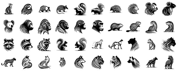 Fototapeta premium collection of tribal furry animal designs in black tattoo style on transparent background 