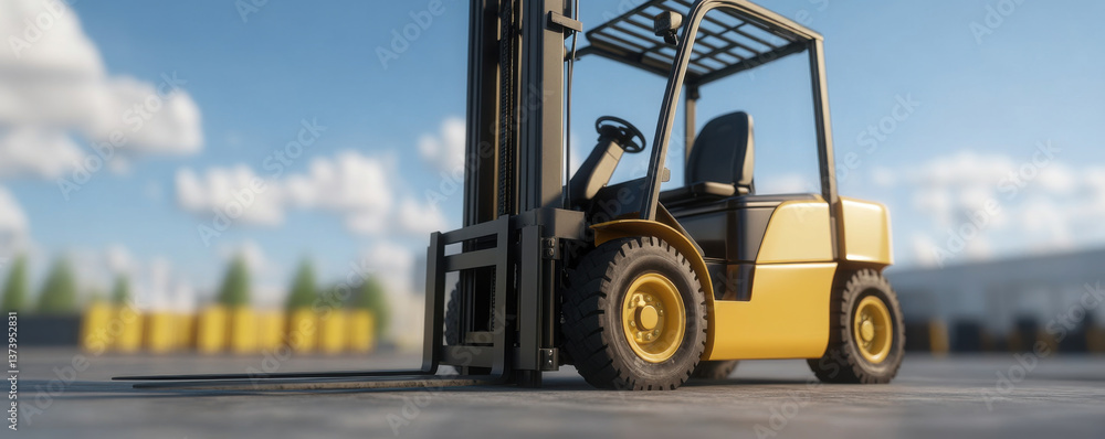 Poster forklift with quick attach feature is positioned concrete surface, showcasing its robust design and 