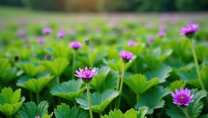 Obraz premium Field of blooming purple flowers among lush green potato plants, farming, landscape