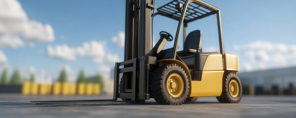 forklift with quick attach feature is positioned concrete surface, showcasing its robust design and functionality. bright yellow color contrasts with blue sky and fluffy clouds, creating vibrant
