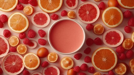 Pink fruit slices & bowl, flat lay, healthy drink concept