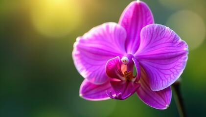 Fototapeta premium Close up of purple orchid flower with water droplets glistening in sunlight, freshness, petals