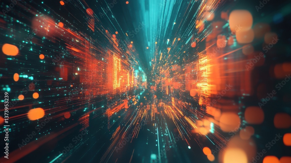 Poster a dynamic tech-inspired composition with fluid cybernetic shapes, glowing data streams, and motion b