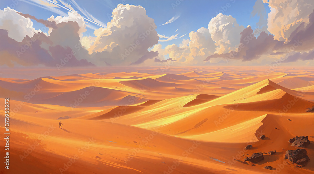 Aufkleber vast desert landscape with golden sand dunes stretching to the horizon under a bright, cloudy sky. a