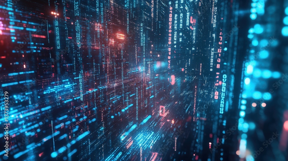 Poster a dynamic technology matrix featuring cascading binary codes, holographic projectors, and data-infus