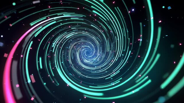 Abstract background with dynamic, spinning lines forming spiral patterns in neon shades of green, blue, and pink. Energetic, continuous motion of the spirals
