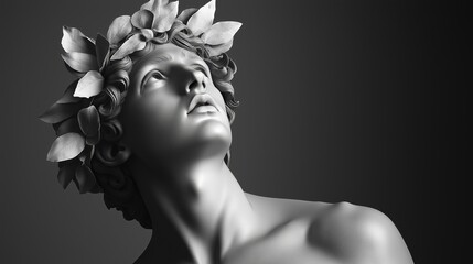 Classical marble sculpture of a young man with curly hair and laurel wreath gazing upwards in dramatic lighting